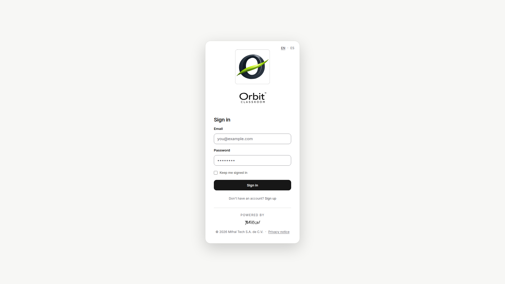 Orbit sign-in screen