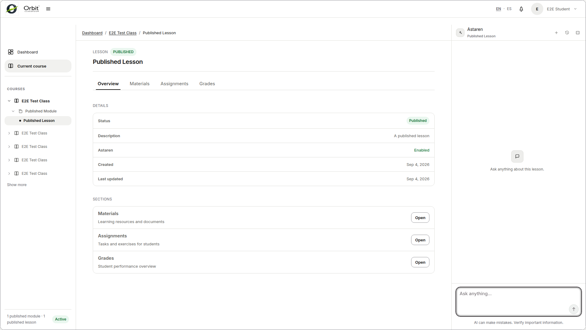 nav-dashboard-to-lesson — Dashboard, open class, and navigation tree down to a lesson.