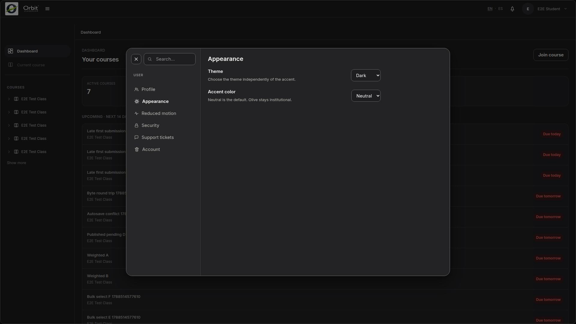 Appearance settings in dark mode