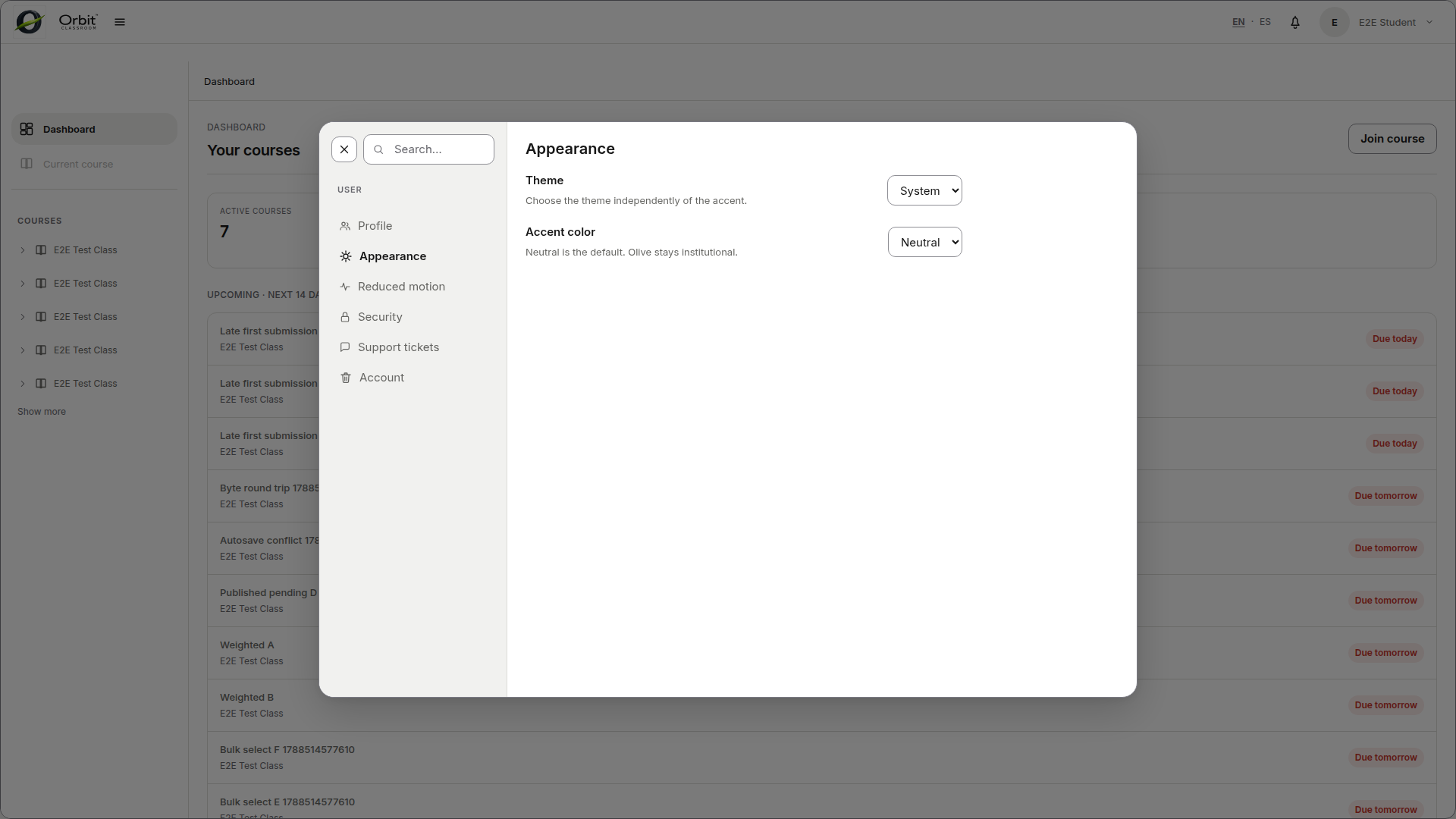 Appearance settings in light mode