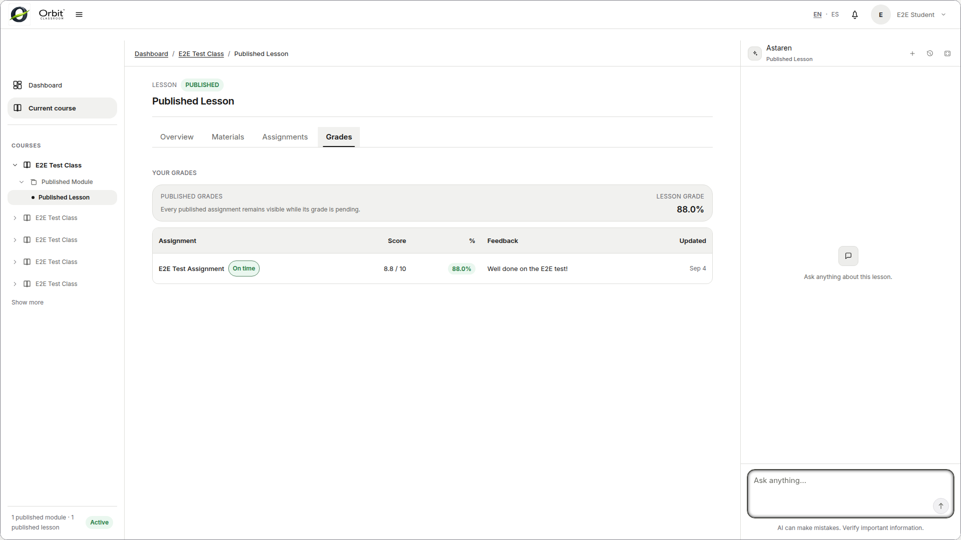 student-grades-view —  tab with assignment table and detail panel showing grade and feedback.