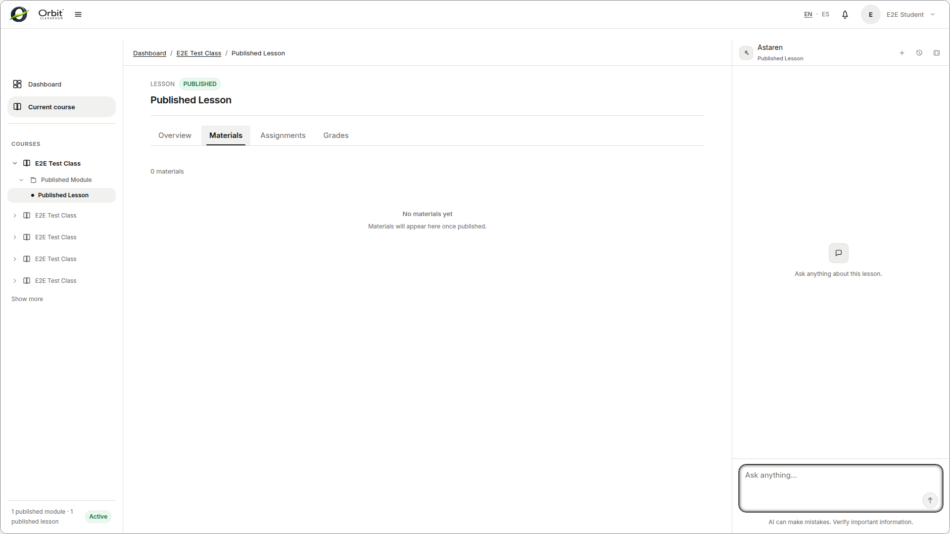 student-materials-open —  tab with published items and an open action.