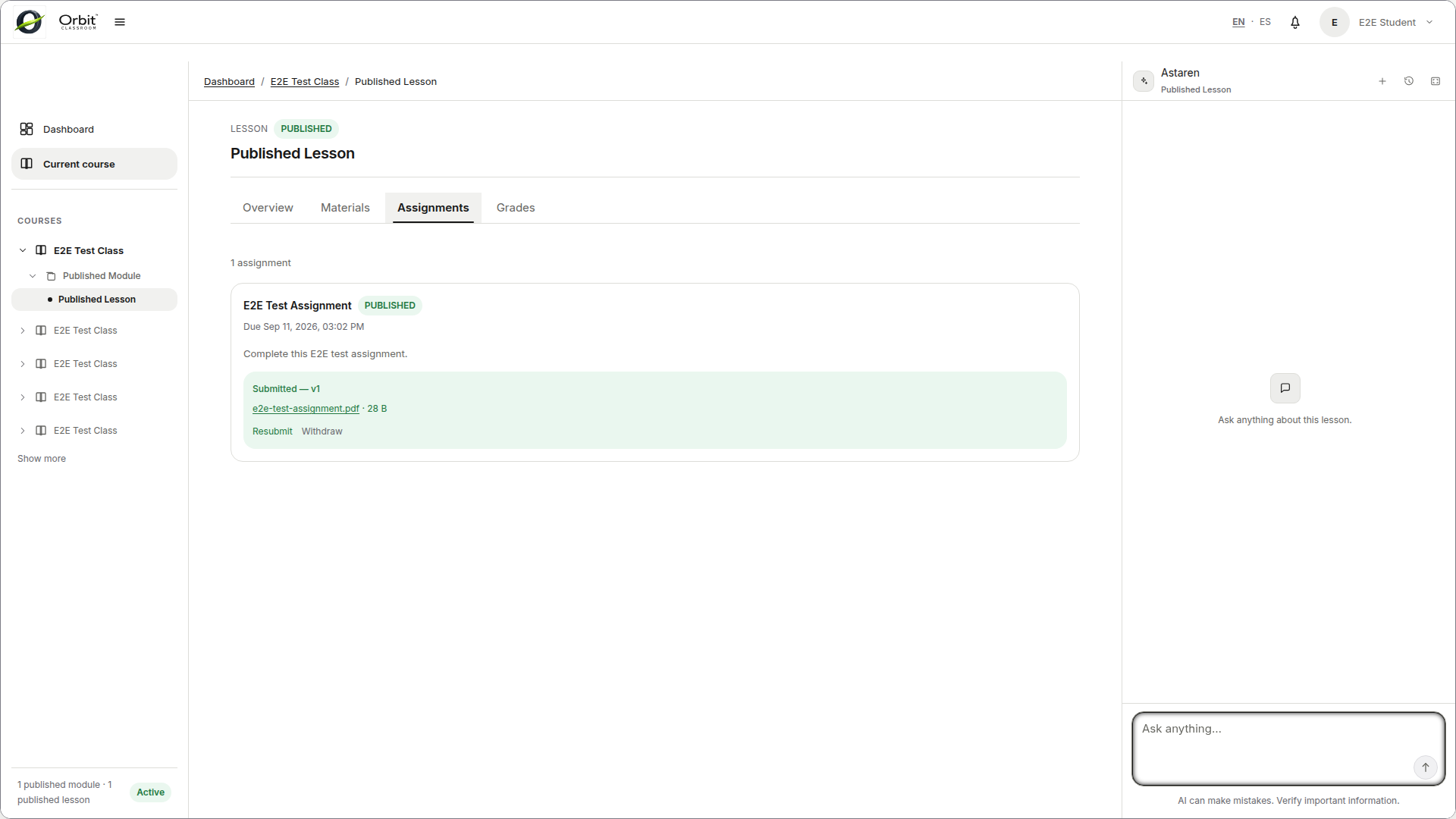 student-withdraw-submission — Assignment with a current submission and the withdraw action available before the due date.