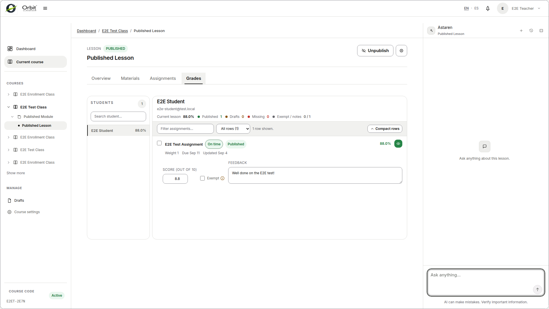 teacher-grades-tab — tab with a student selected and publish/unpublish actions.