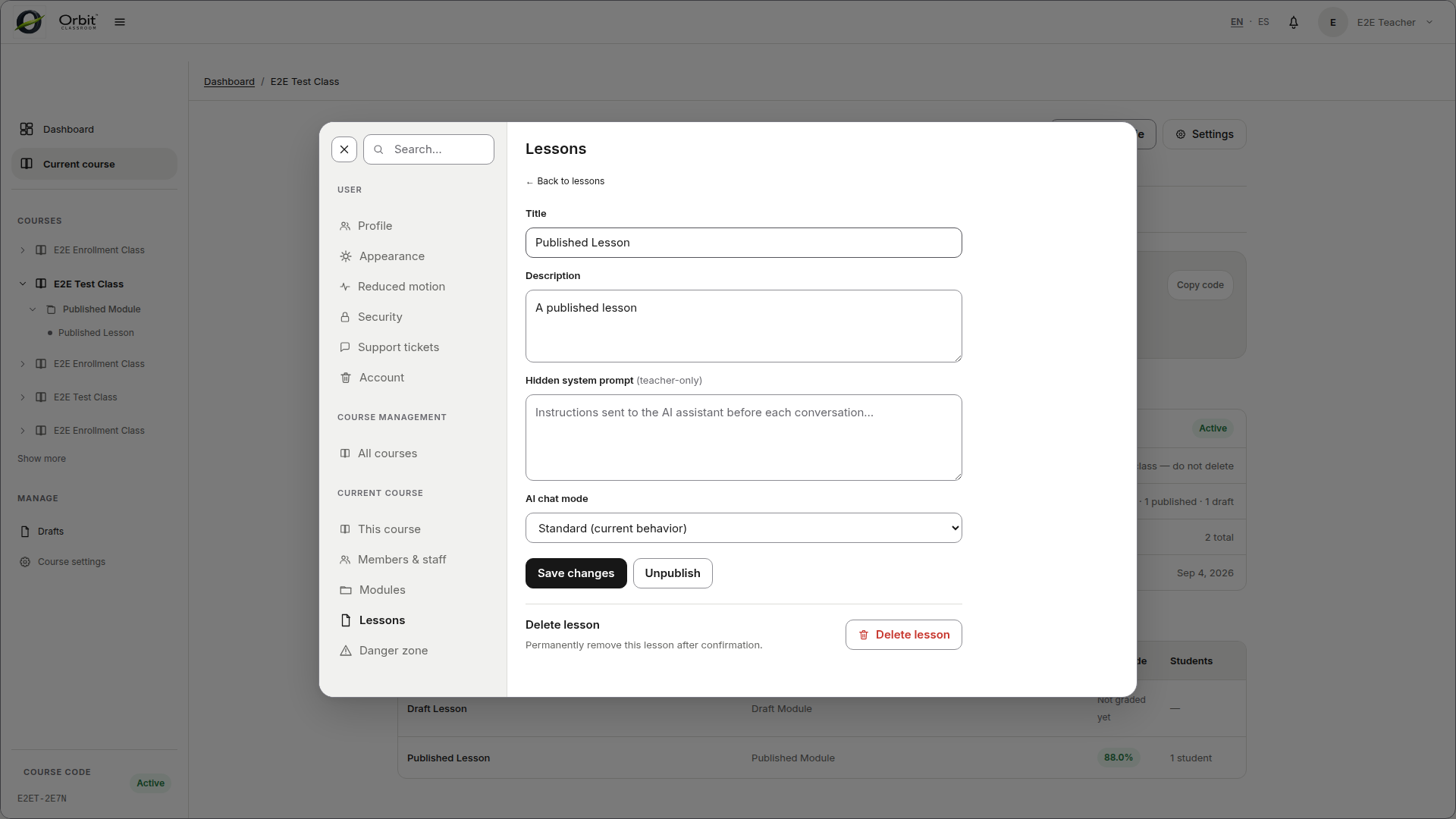 teacher-lesson-ai-chat-mode — Lesson Settings with the AI chat mode dropdown.