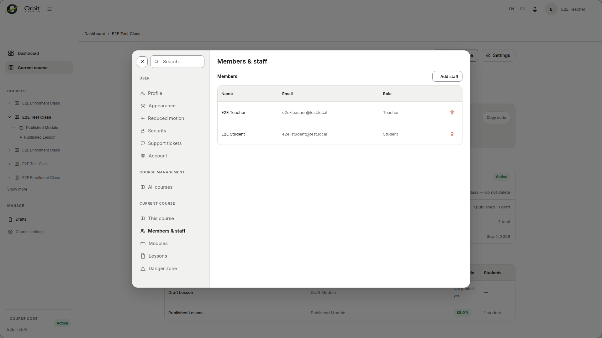 teacher-manage-members — Members table with pending and approved rows, and Admin actions visible.