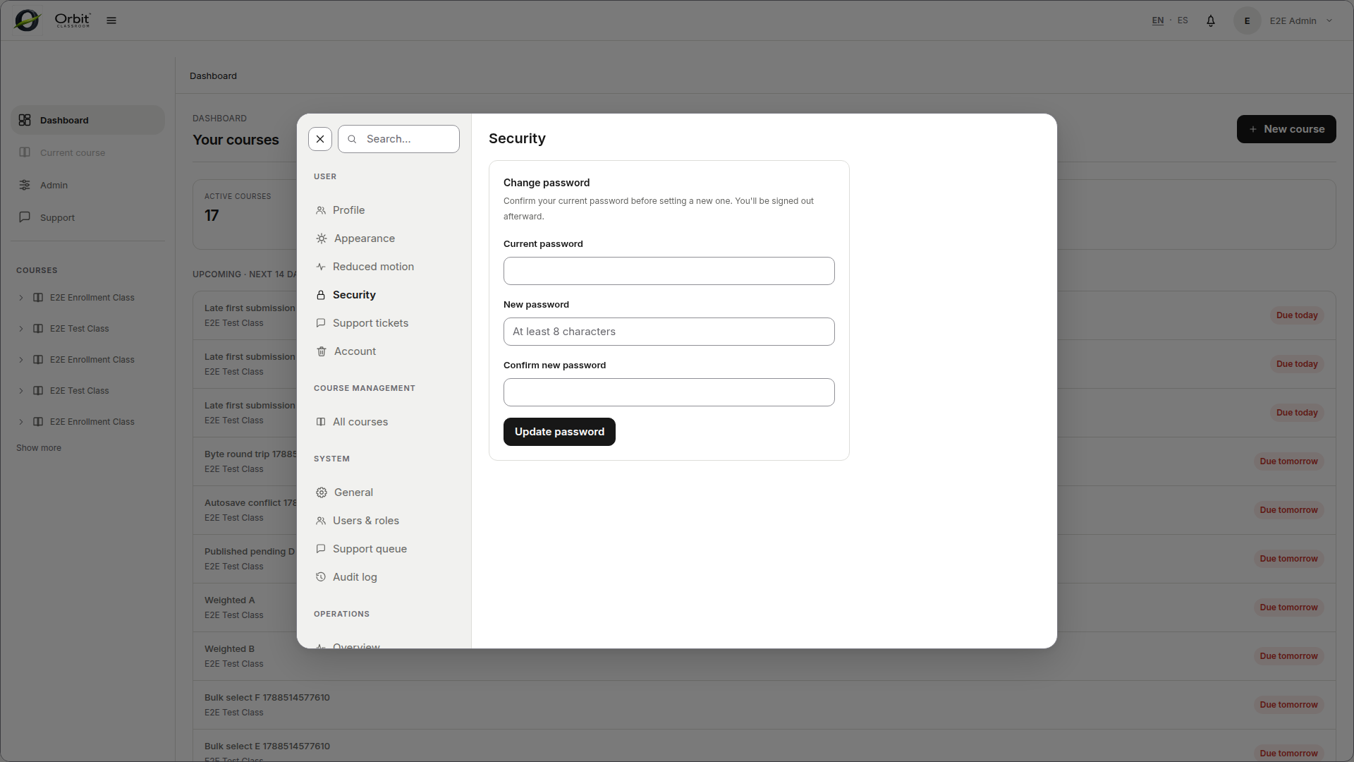 Admin settings con las secciones System y Operations