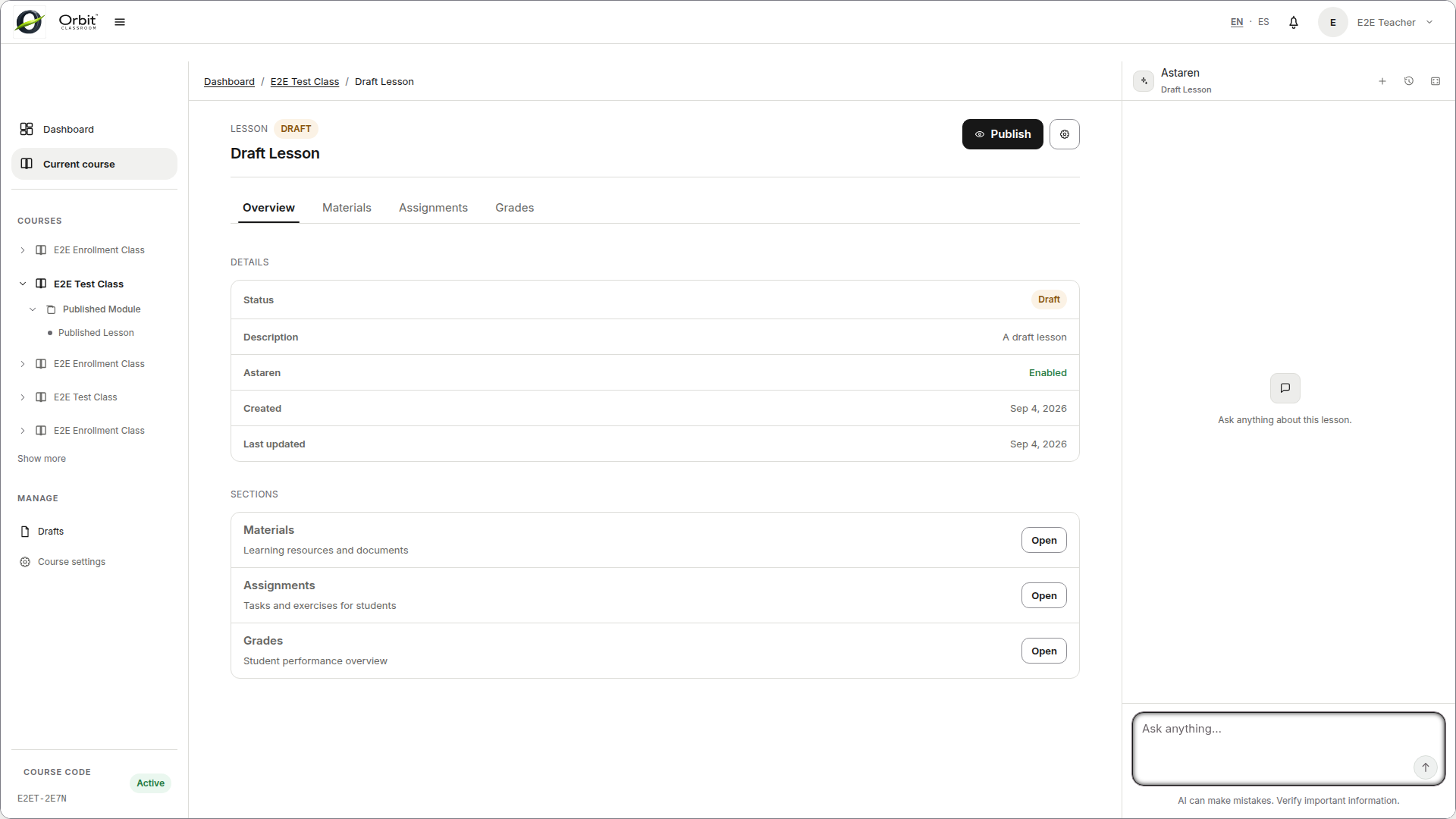 nav-drafts-and-settings — acceso a la vista Drafts y acceso a Class Settings dentro del workspace.