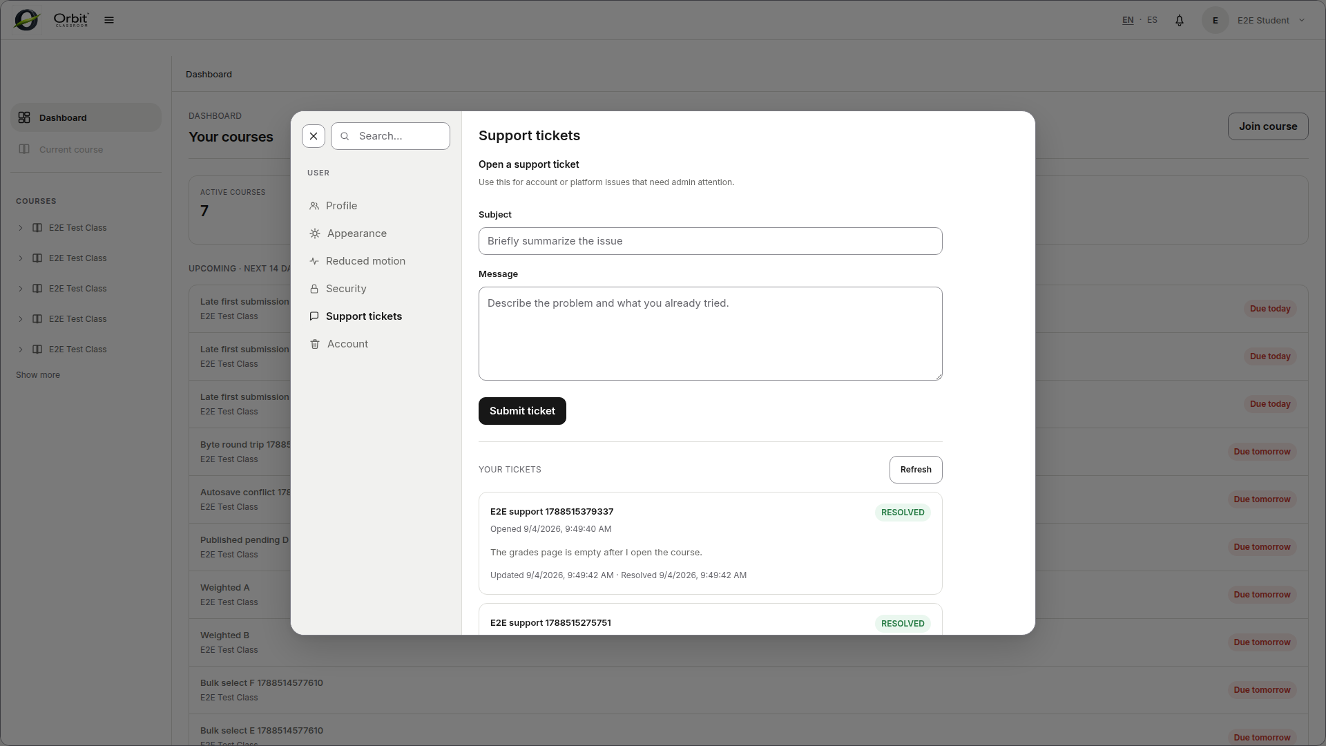 Configuración de tickets de soporte