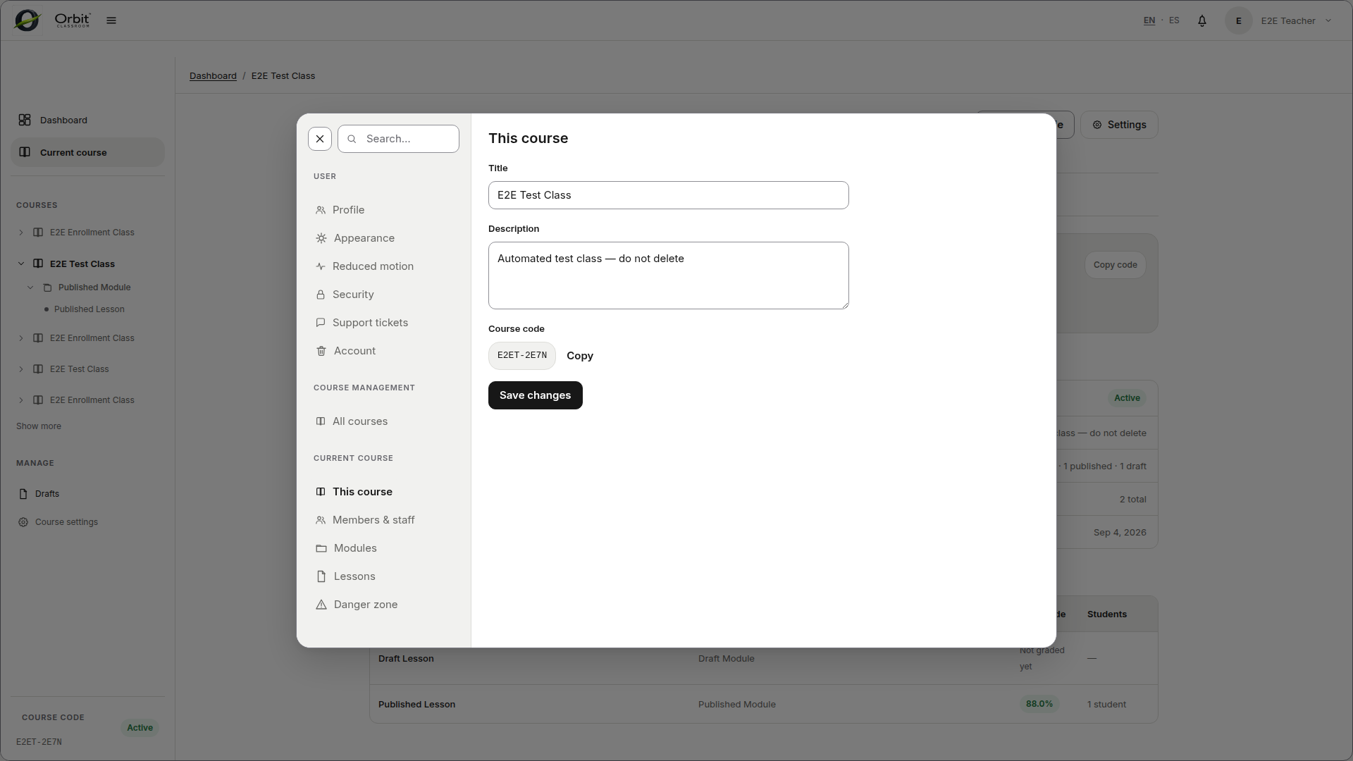 teacher-class-settings-overview — panel Class Settings con todas sus secciones visibles.