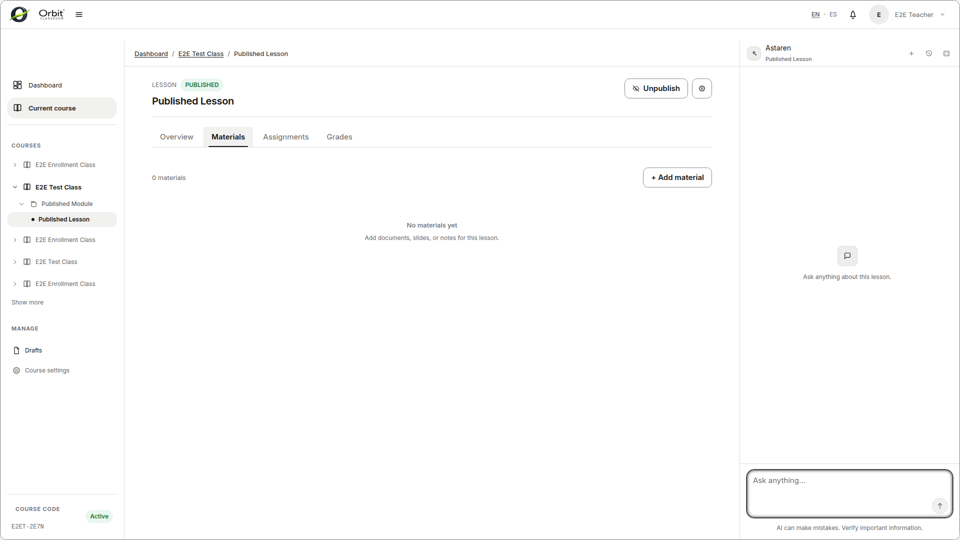 teacher-manage-materials — tab  con acciones de upload, reuse, publish y estado de procesamiento.